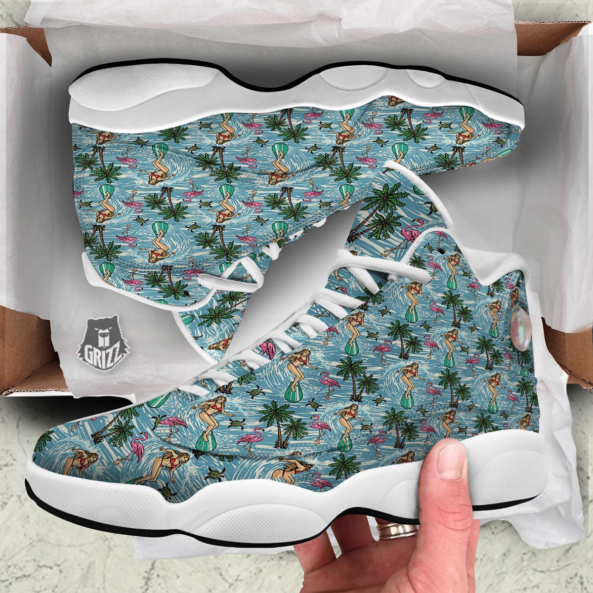 Wave Surfing Print Pattern White Basketball Shoes-grizzshop