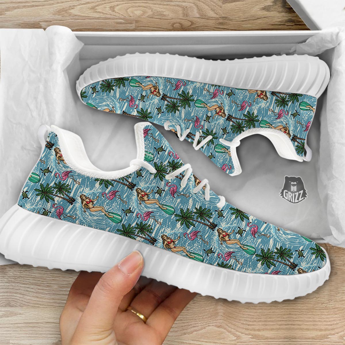 Wave Surfing Print Pattern White Walking Shoes-grizzshop