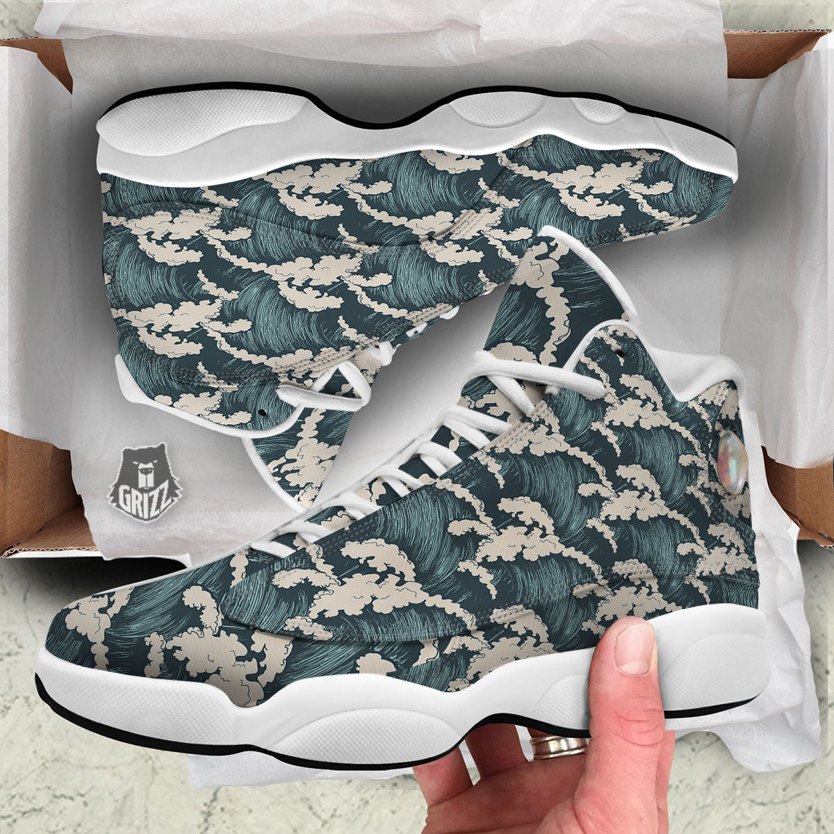 Wave Water Print Pattern White Basketball Shoes-grizzshop