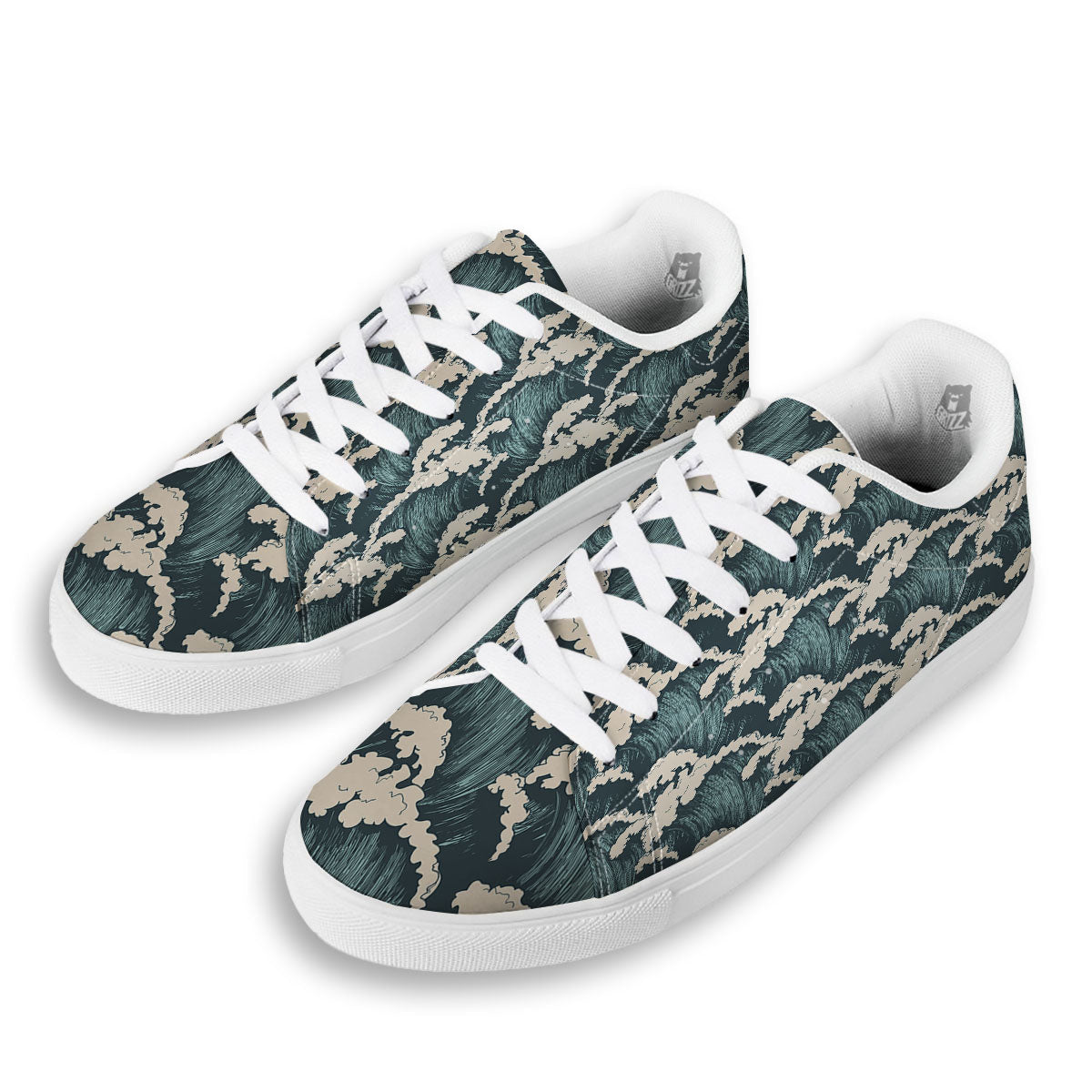 Wave Water Print Pattern White Low Top Sneakers-grizzshop