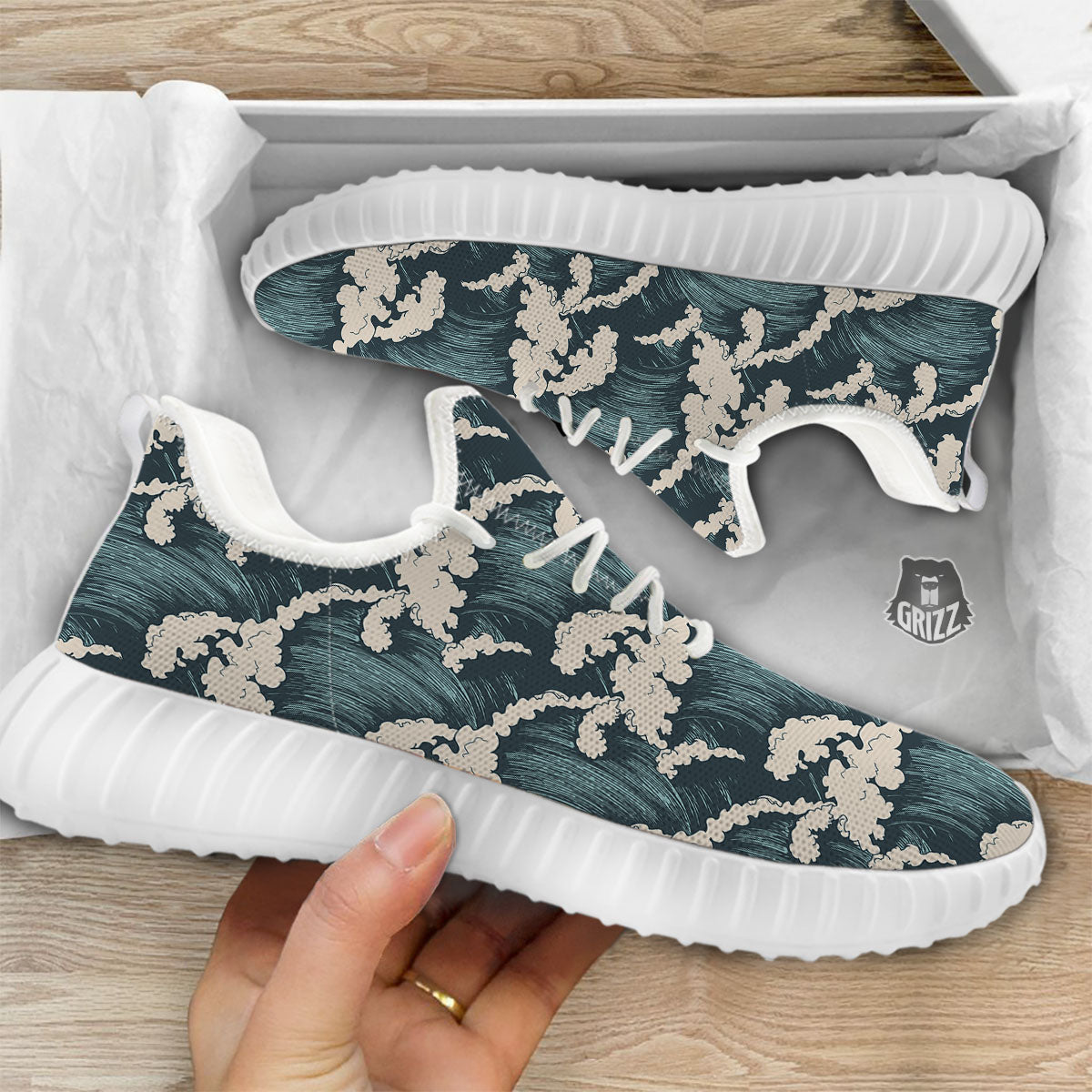 Wave Water Print Pattern White Walking Shoes-grizzshop