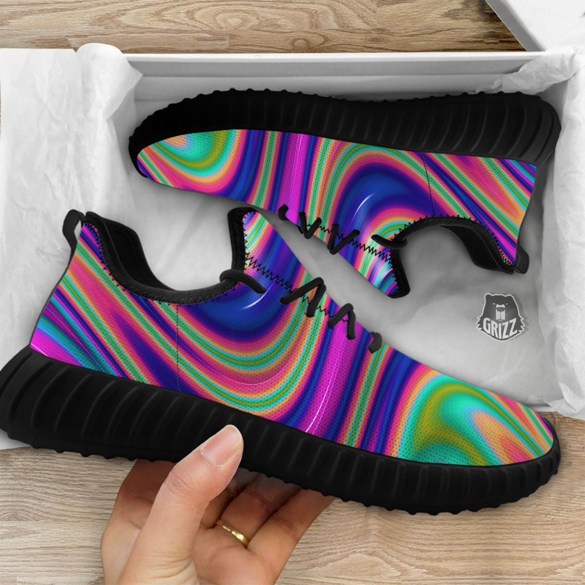 Waves Holographic Print Black Walking Shoes-grizzshop
