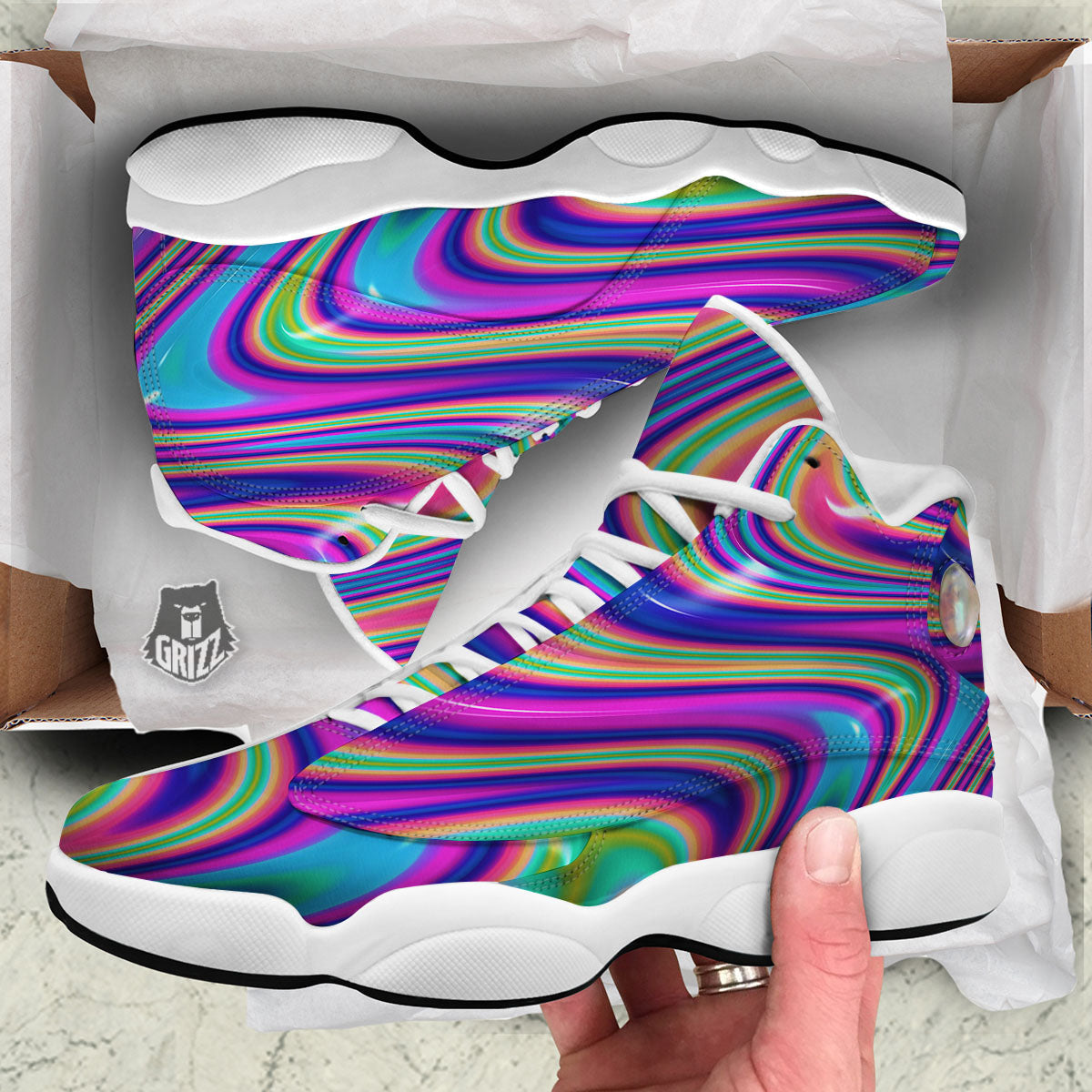 Waves Holographic Print White Basketball Shoes-grizzshop