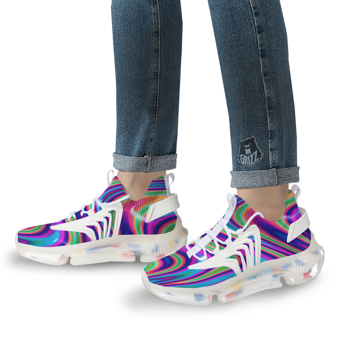 Waves Holographic Print White Gym Shoes-grizzshop