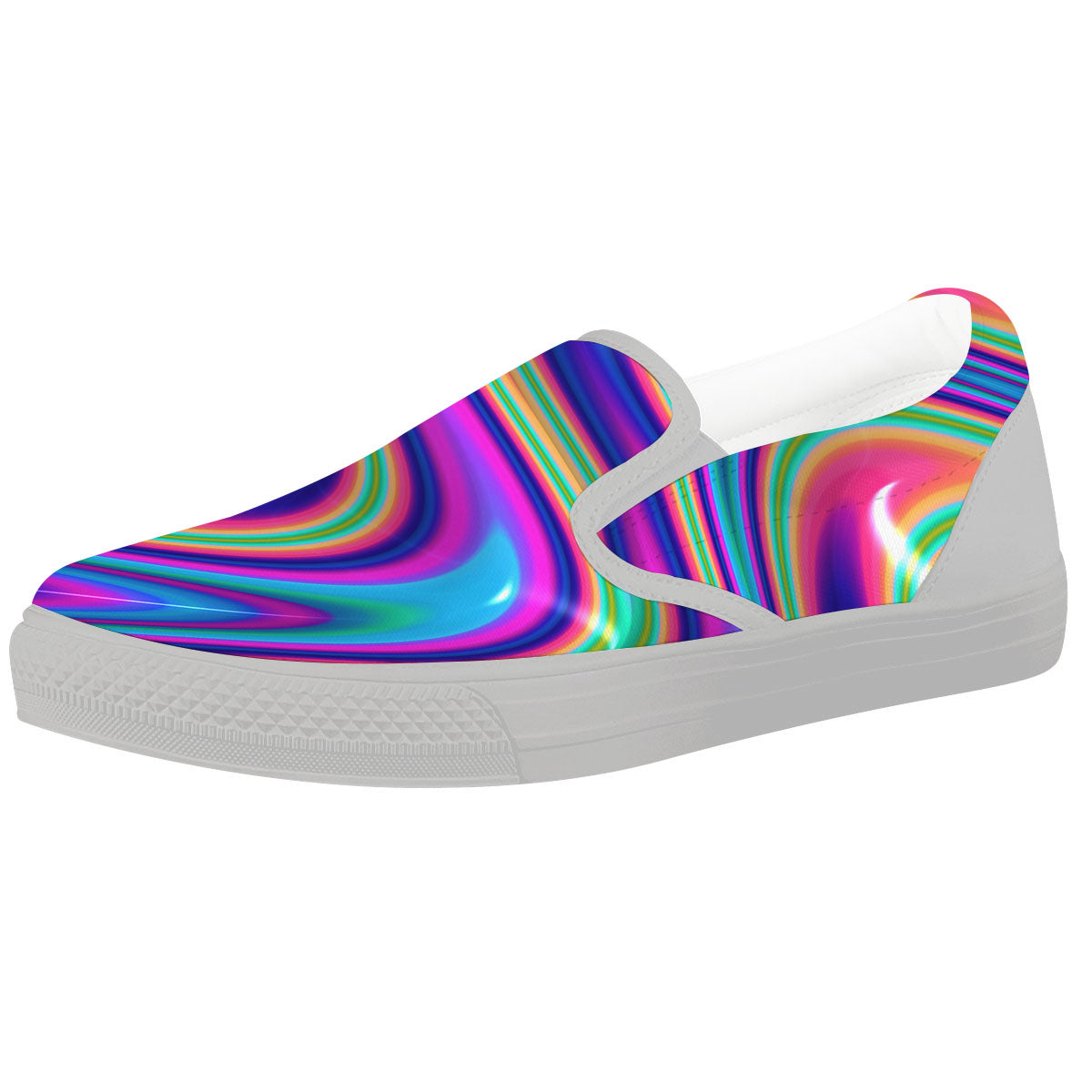 Waves Holographic Print White Slip On Shoes-grizzshop