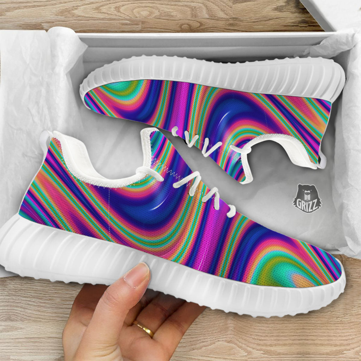 Waves Holographic Print White Walking Shoes-grizzshop