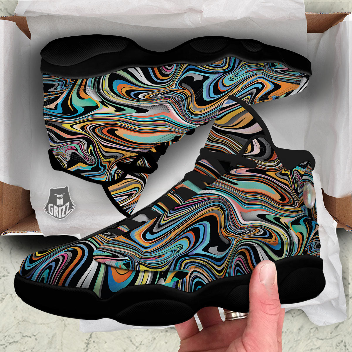 Wavy Psychedelic Print Pattern Black Basketball Shoes-grizzshop