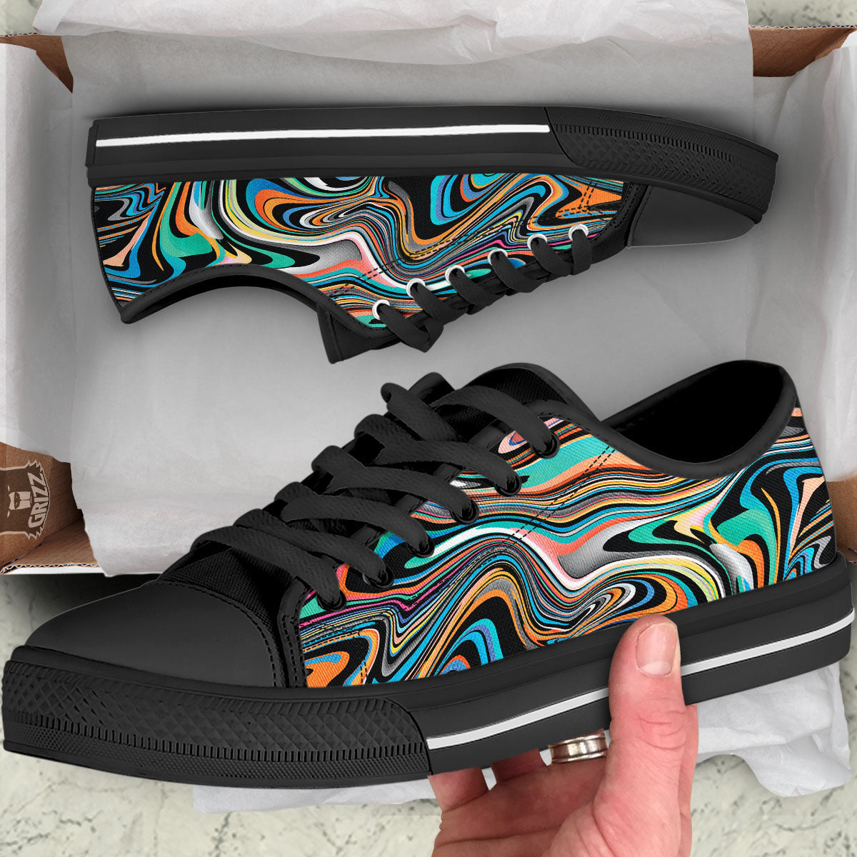 Wavy Psychedelic Print Pattern Black Low Top Shoes-grizzshop