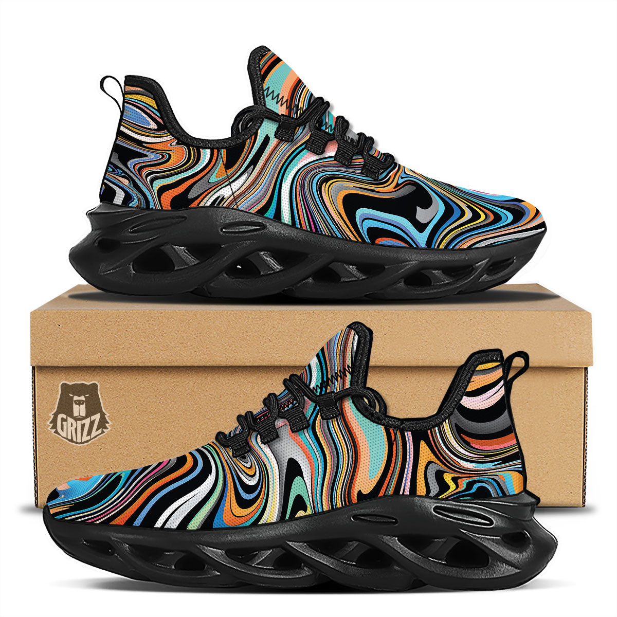 Wavy Psychedelic Print Pattern Black Running Shoes-grizzshop
