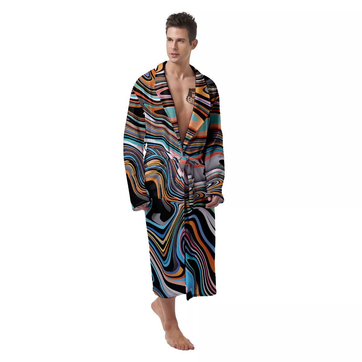 Wavy Psychedelic Print Pattern Men's Robe-grizzshop