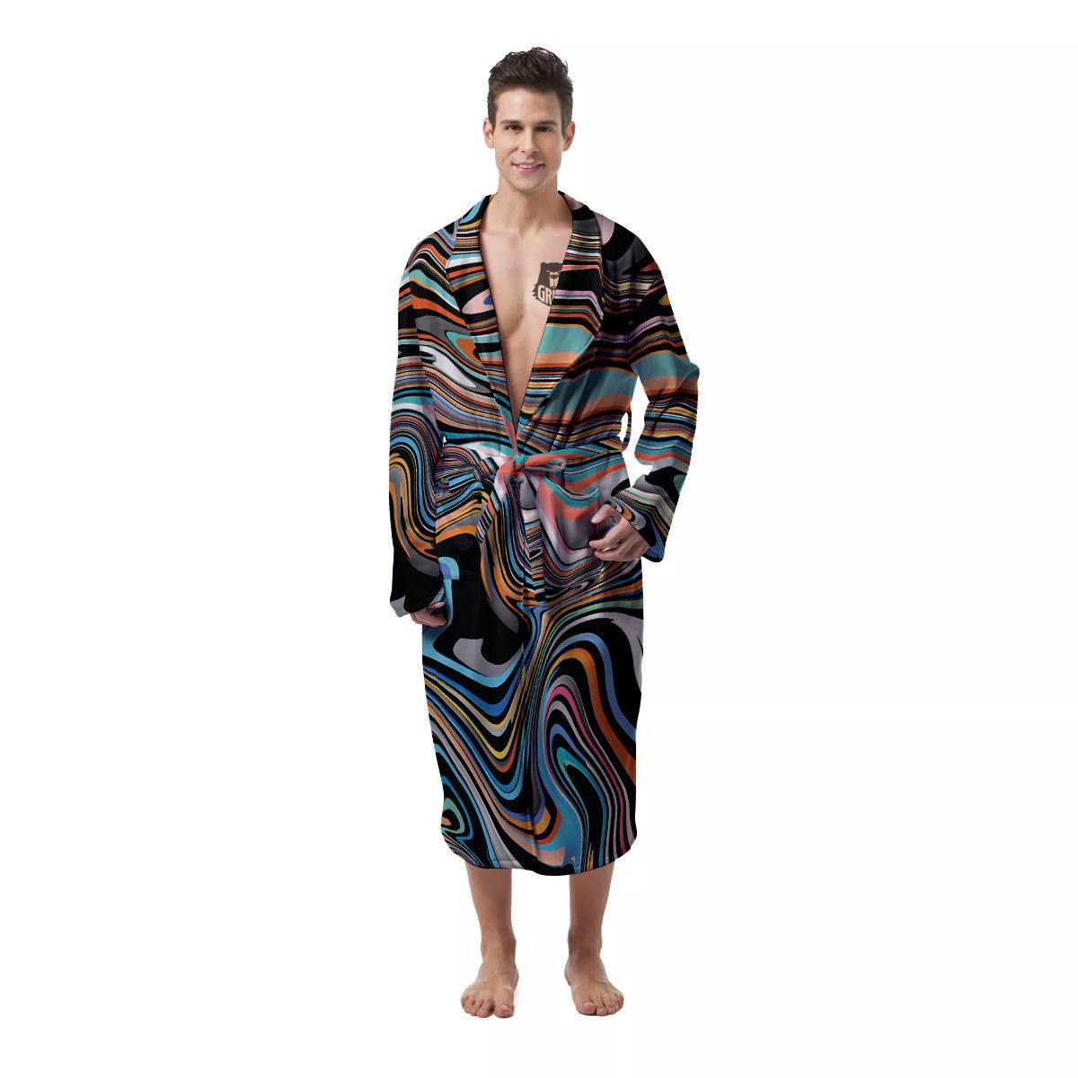 Wavy Psychedelic Print Pattern Men's Robe-grizzshop