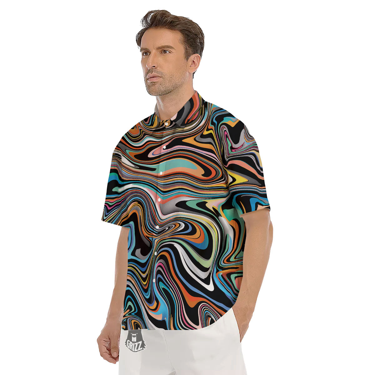 Wavy Psychedelic Print Pattern Men's Short Sleeve Shirts-grizzshop