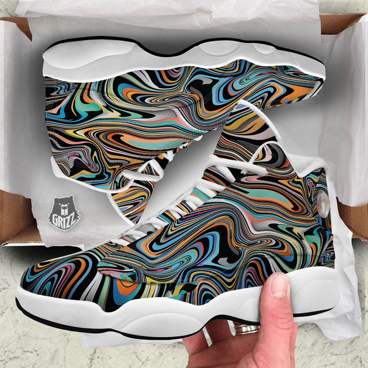 Wavy Psychedelic Print Pattern White Basketball Shoes-grizzshop