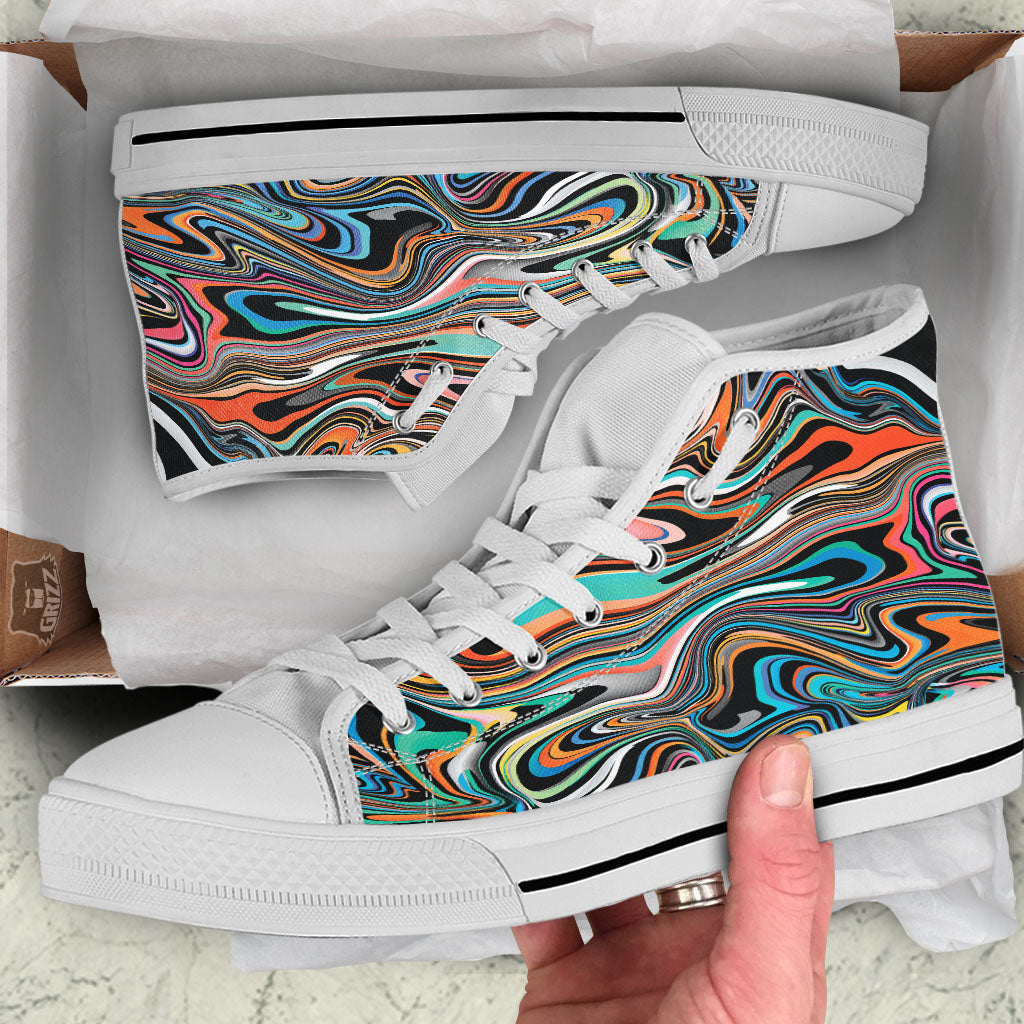Wavy Psychedelic Print Pattern White High Top Shoes-grizzshop