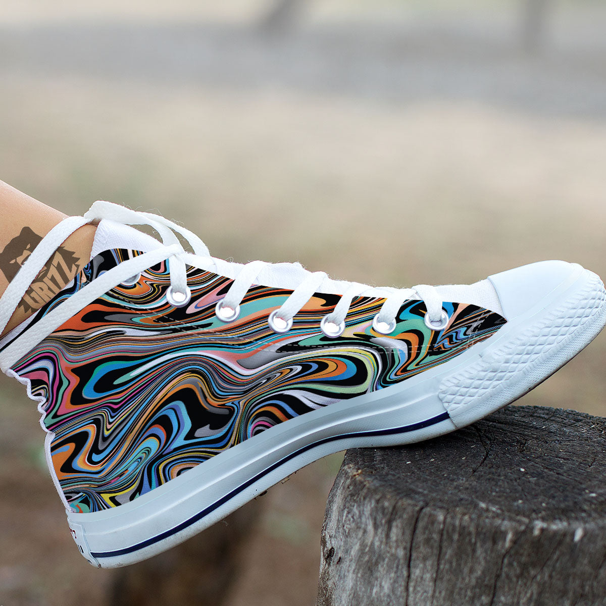 Wavy Psychedelic Print Pattern White High Top Shoes-grizzshop