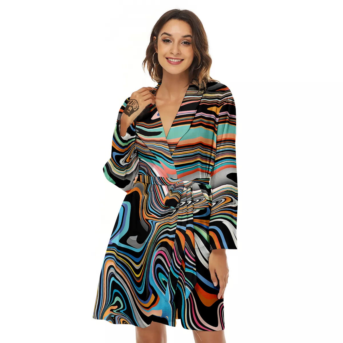 Wavy Psychedelic Print Pattern Women's Robe-grizzshop