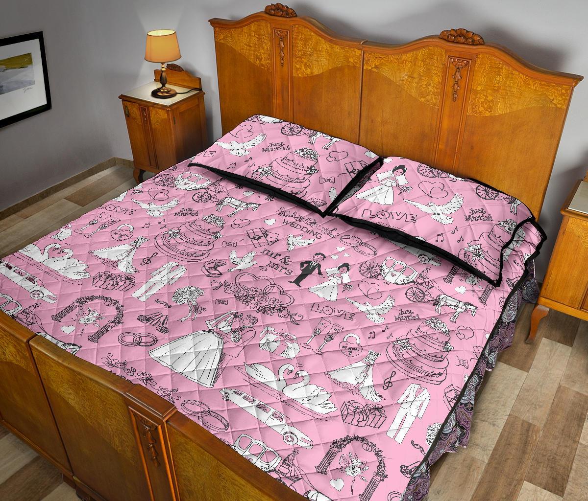 Wedding Pink Pattern Print Bed Set Quilt-grizzshop