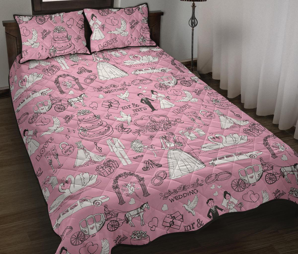 Wedding Pink Pattern Print Bed Set Quilt-grizzshop
