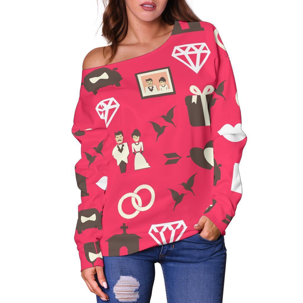 Wedding Pink Print Pattern Women Off Shoulder Sweatshirt-grizzshop