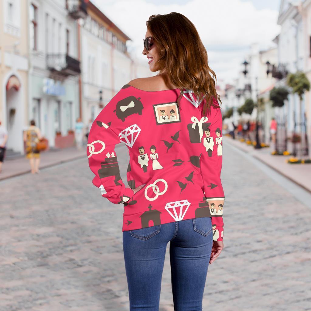 Wedding Pink Print Pattern Women Off Shoulder Sweatshirt-grizzshop