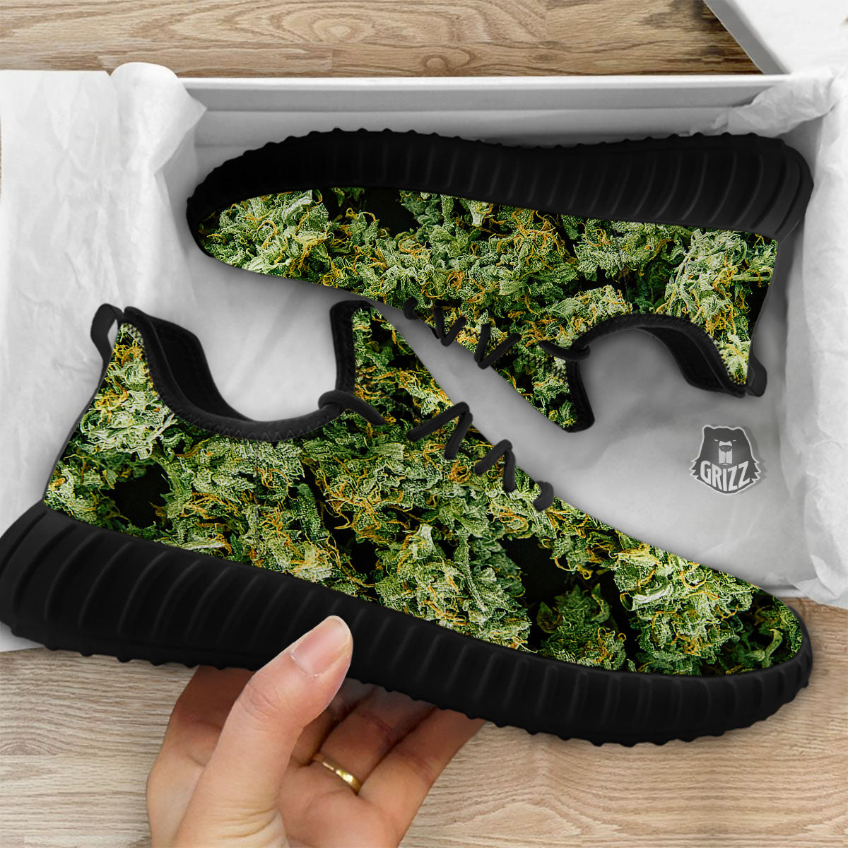 Weed Green Print Black Walking Shoes-grizzshop
