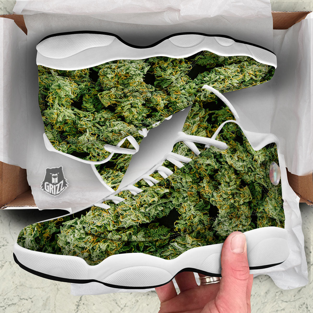 Weed Green Print White Basketball Shoes-grizzshop