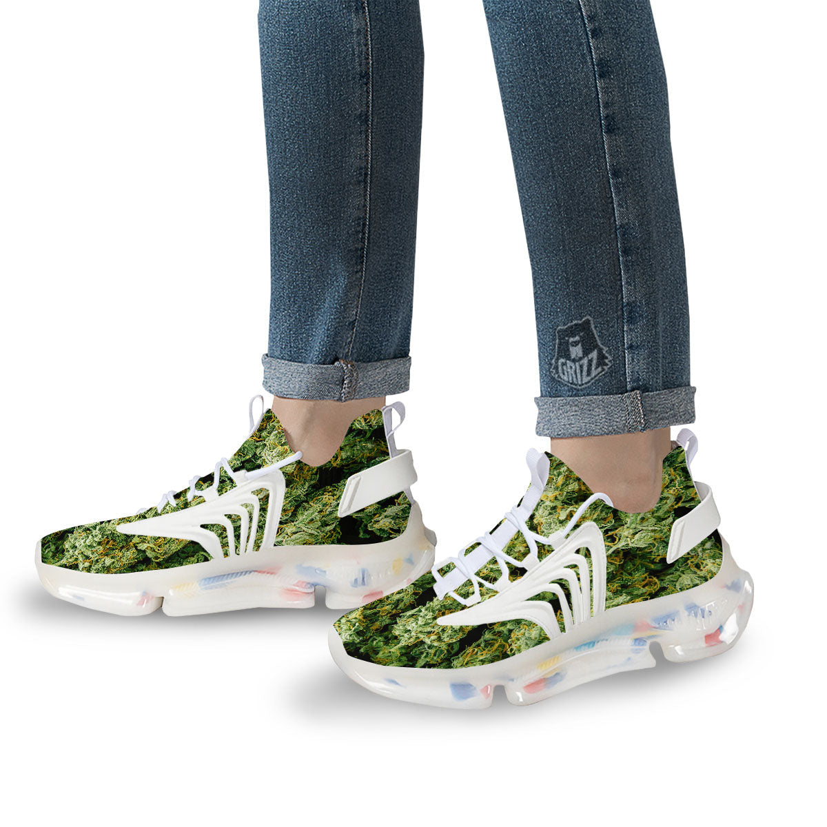 Weed Green Print White Gym Shoes-grizzshop