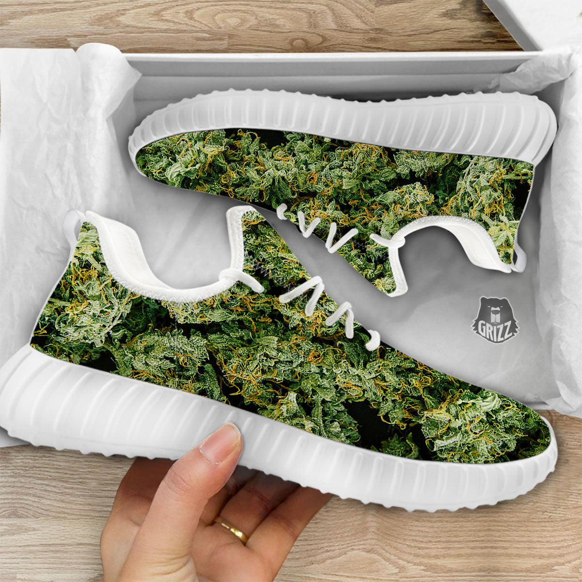 Weed Green Print White Walking Shoes-grizzshop