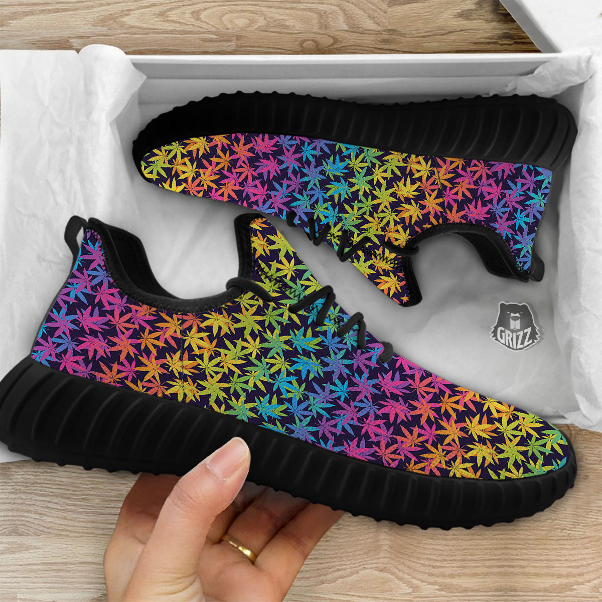 Weed Leaf Colorful Print Pattern Black Walking Shoes-grizzshop