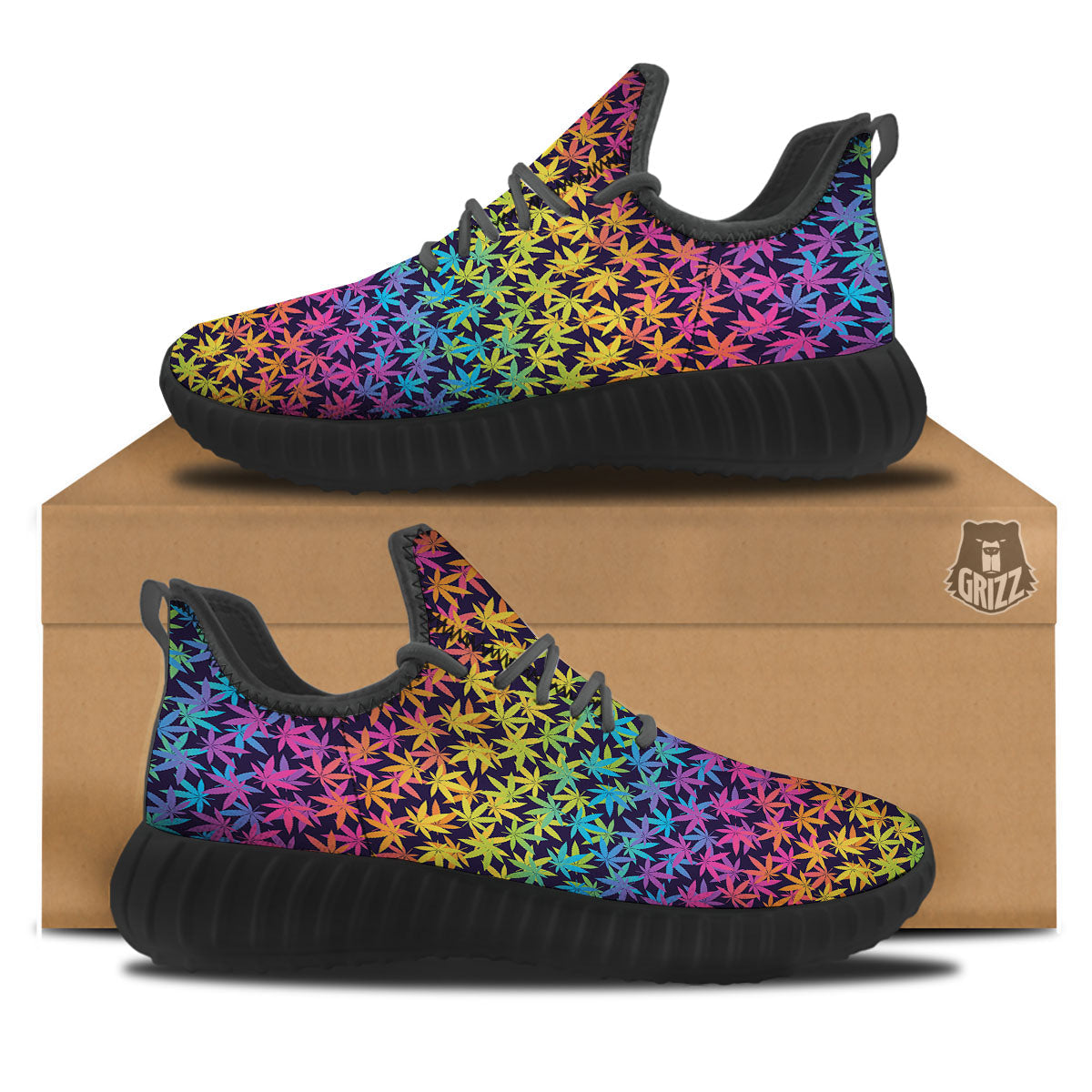 Weed Leaf Colorful Print Pattern Black Walking Shoes-grizzshop