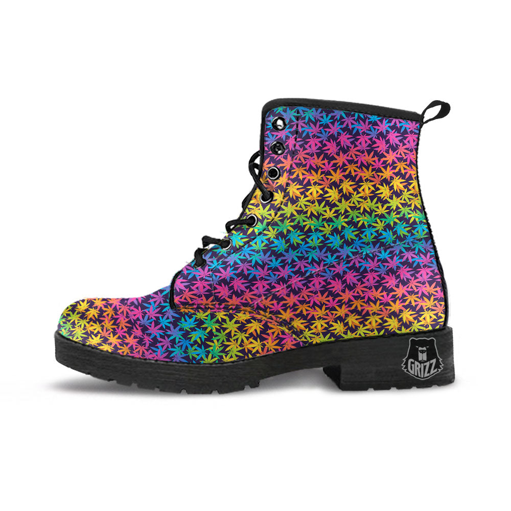 Weed Leaf Colorful Print Pattern Leather Boots-grizzshop