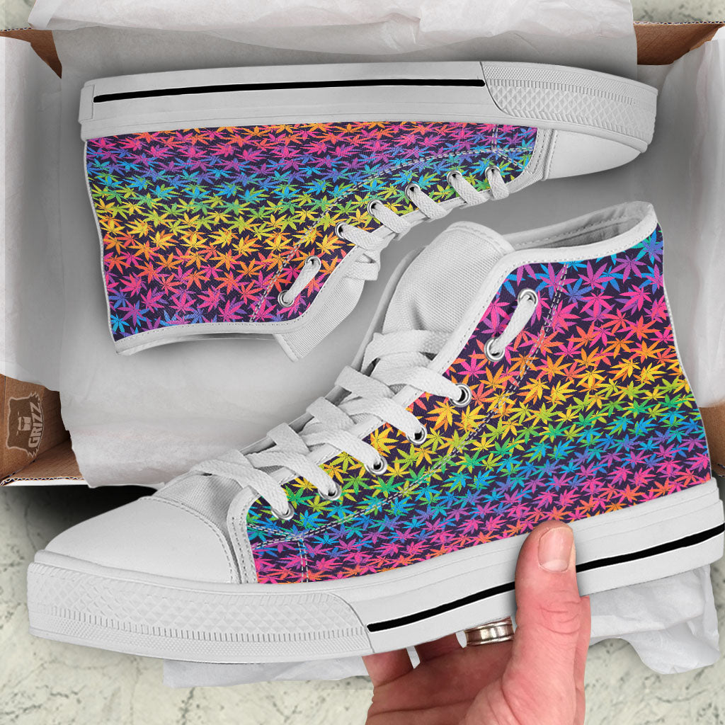 Weed Leaf Colorful Print Pattern White High Top Shoes-grizzshop