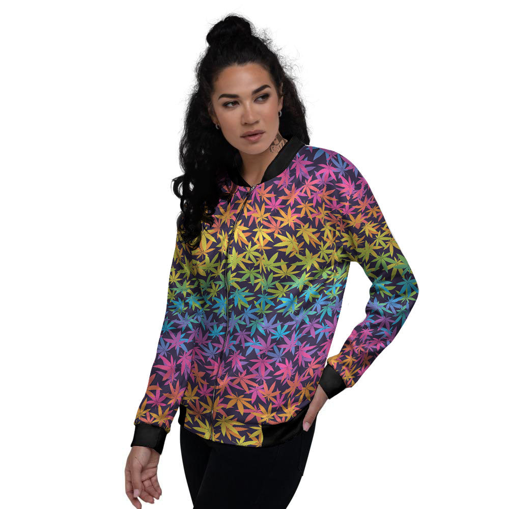 Weed Leaf Colorful Print Pattern Women's Bomber Jacket-grizzshop