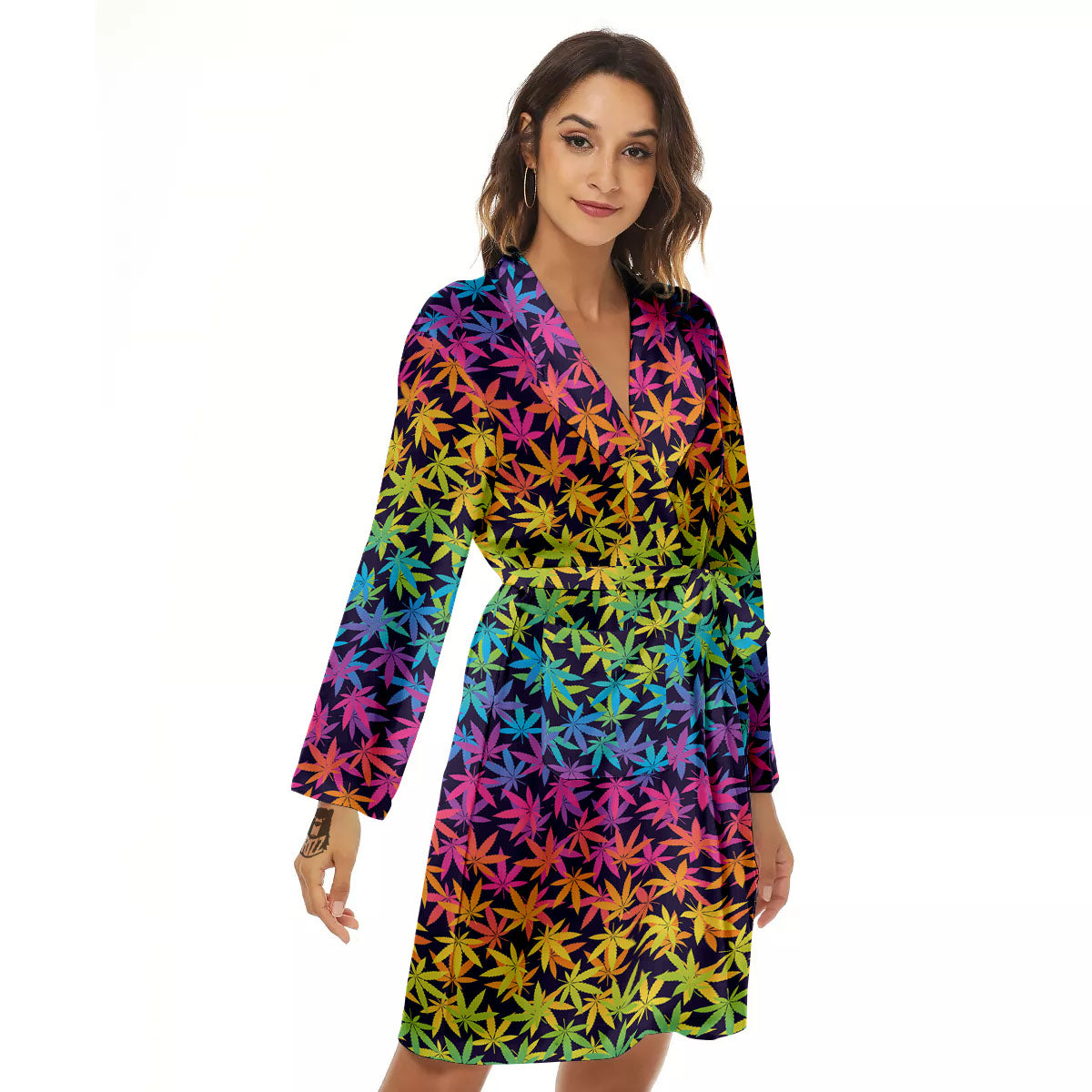 Weed Leaf Colorful Print Pattern Women's Robe-grizzshop