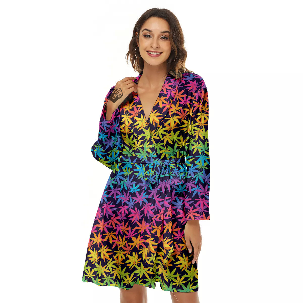Weed Leaf Colorful Print Pattern Women's Robe-grizzshop