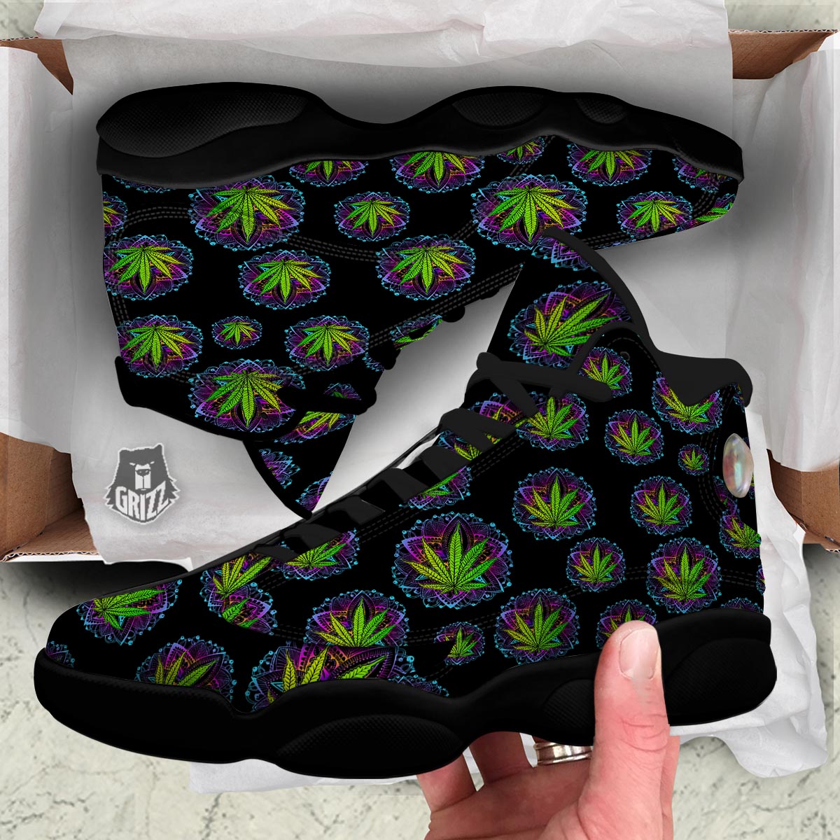 Weed Leaf Trippy Print Pattern Black Basketball Shoes-grizzshop