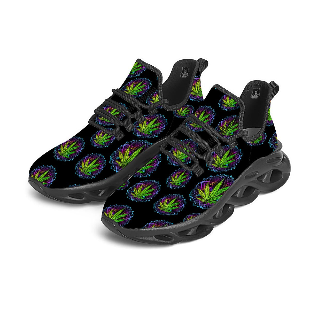 Weed Leaf Trippy Print Pattern Black Running Shoes-grizzshop