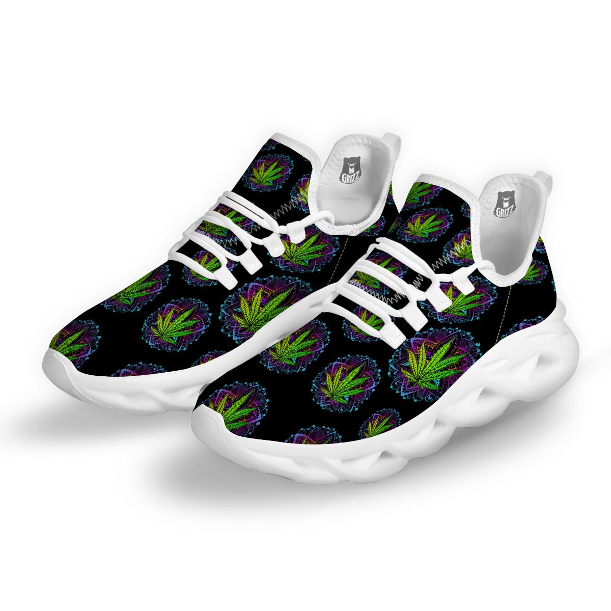 Weed Leaf Trippy Print Pattern White Running Shoes-grizzshop