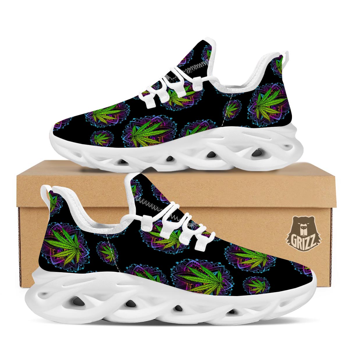 Weed Leaf Trippy Print Pattern White Running Shoes-grizzshop