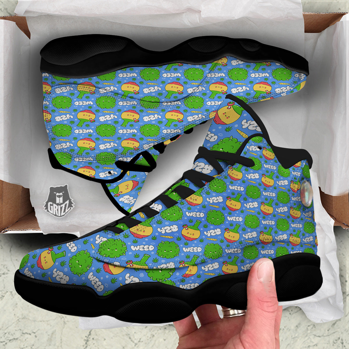 Weed Marijuana Cartoon Print Pattern Black Basketball Shoes-grizzshop