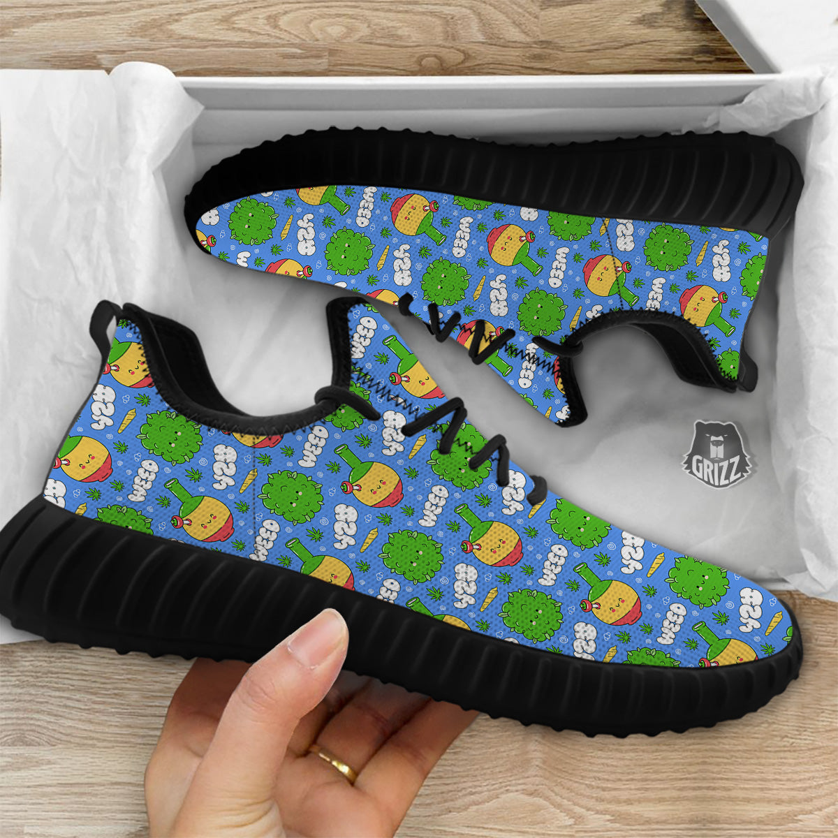 Weed Marijuana Cartoon Print Pattern Black Walking Shoes-grizzshop