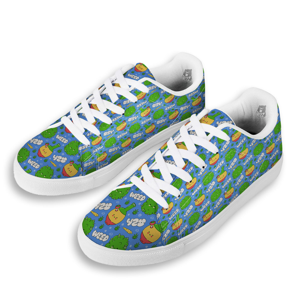 Weed Marijuana Cartoon Print Pattern White Low Top Sneakers-grizzshop