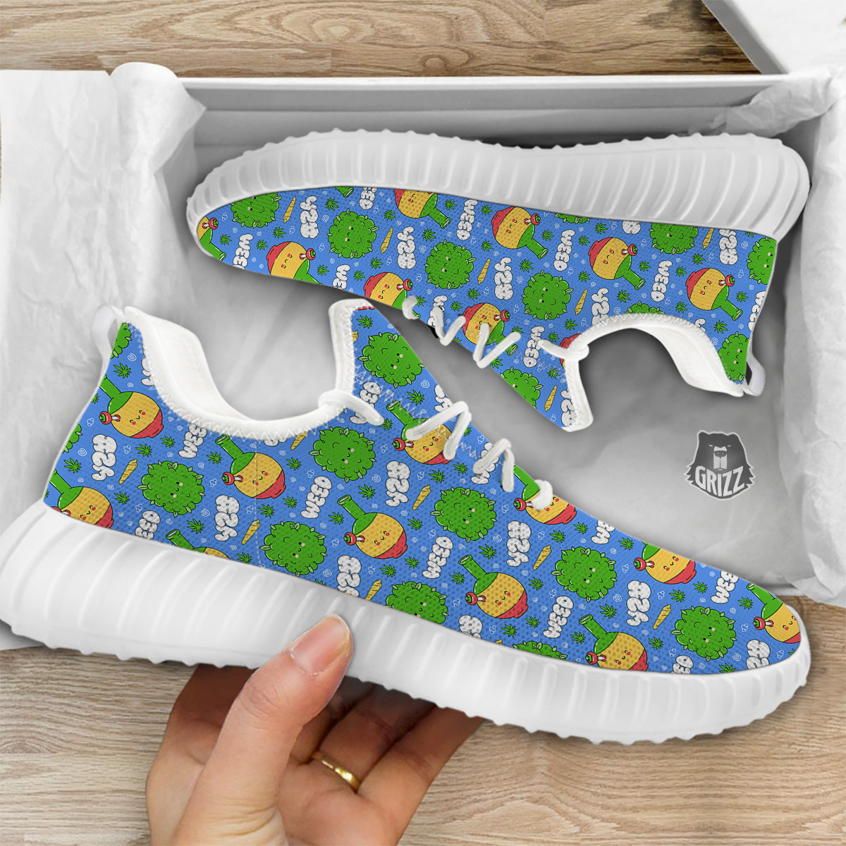 Weed Marijuana Cartoon Print Pattern White Walking Shoes-grizzshop