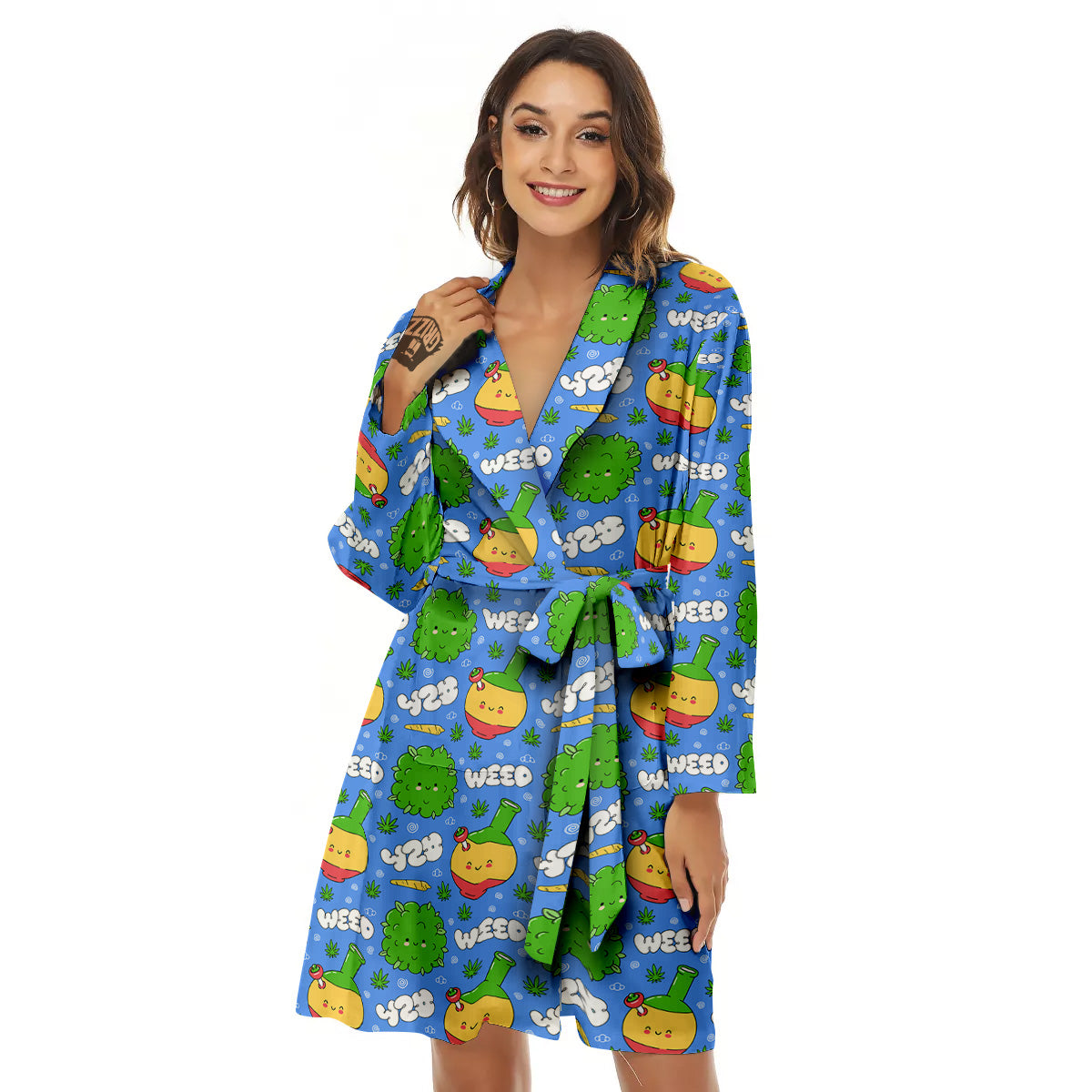 Weed Marijuana Cartoon Print Pattern Women's Robe-grizzshop