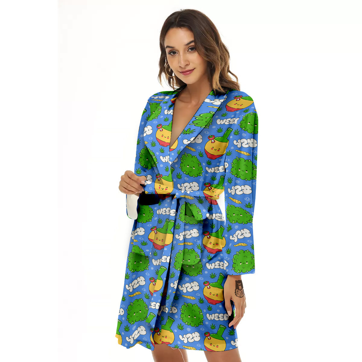 Weed Marijuana Cartoon Print Pattern Women's Robe-grizzshop