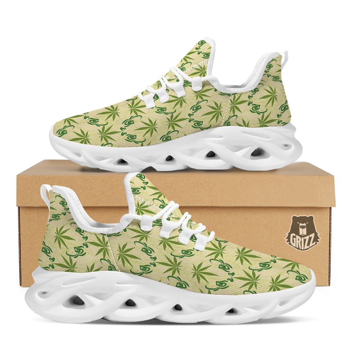 Weed Zigzag Print Pattern White Running Shoes-grizzshop