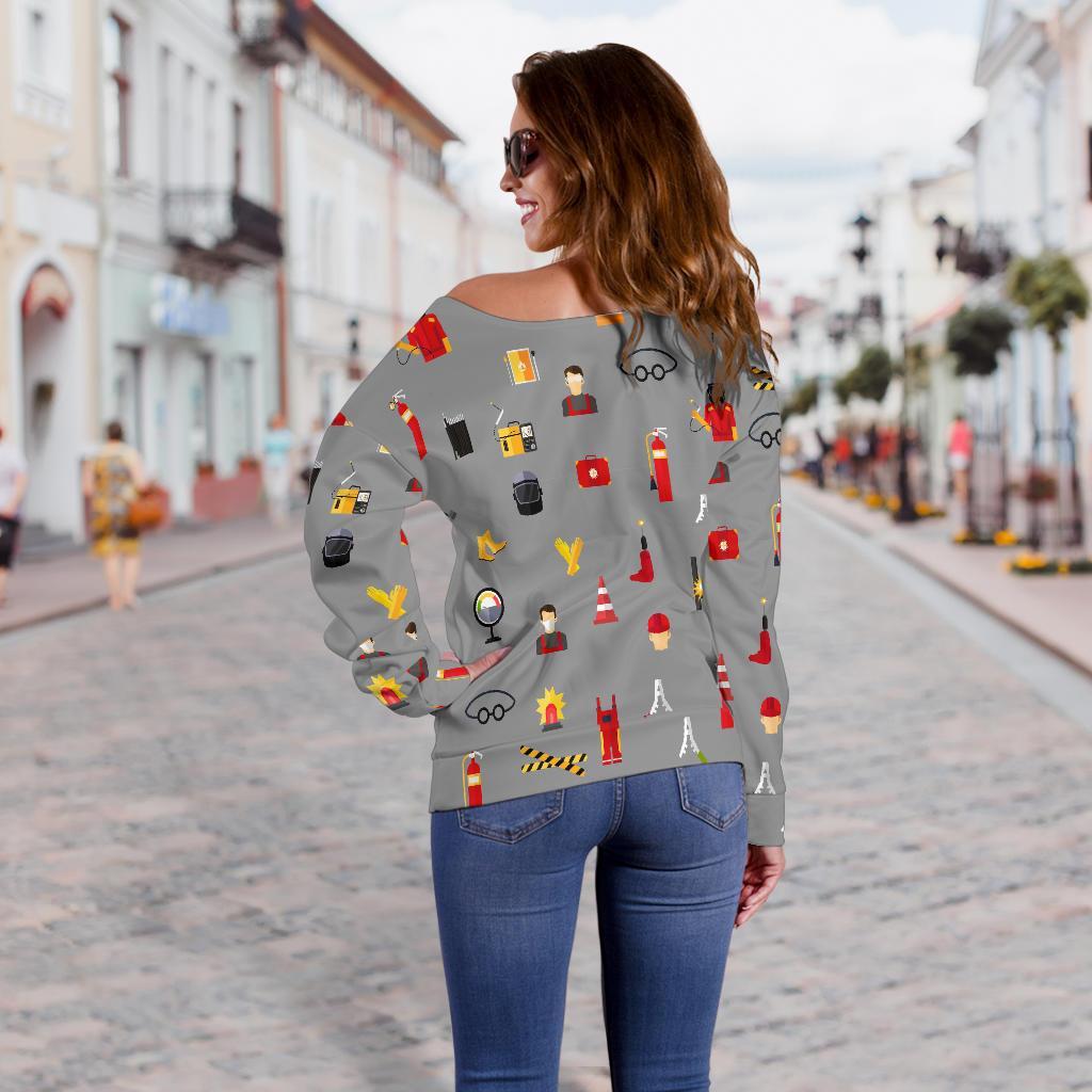Welder Print Pattern Women Off Shoulder Sweatshirt-grizzshop