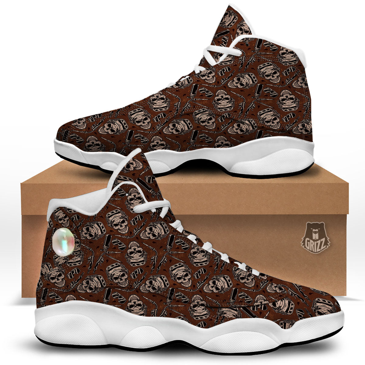 Welder Skull Print Pattern White Basketball Shoes-grizzshop