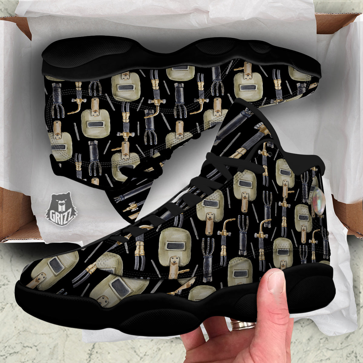 Welder Watercolor Print Pattern Black Basketball Shoes-grizzshop