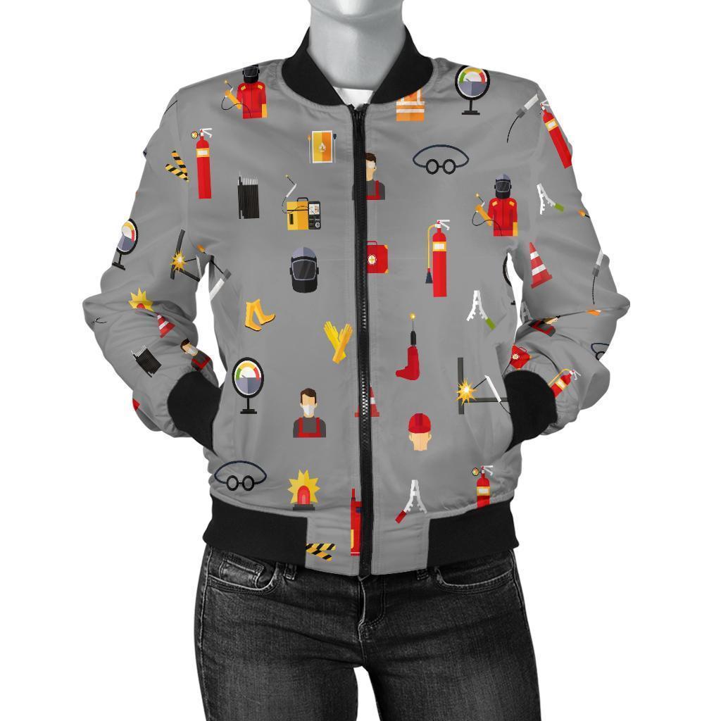Welder Print Pattern Women Casual Bomber Jacket-grizzshop